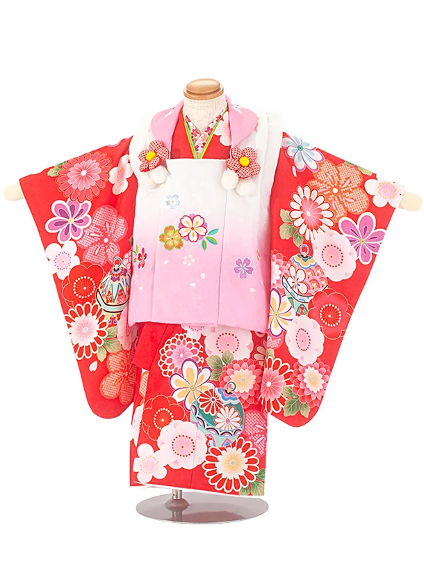 2歳3歳女児被布 D3105 ピンク×赤 桜 梅 鈴