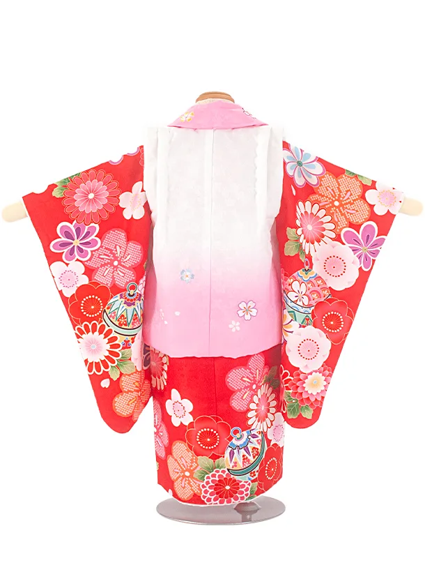 2歳3歳女児被布 D3105 ピンク×赤 桜 梅 鈴
