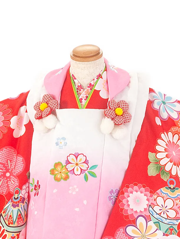 2歳3歳女児被布 D3105 ピンク×赤 桜 梅 鈴