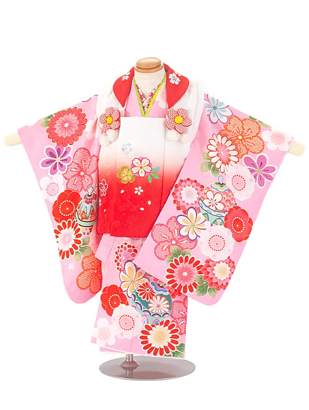 2歳3歳女児被布 D3106 赤×ピンク 桜 梅 鈴
