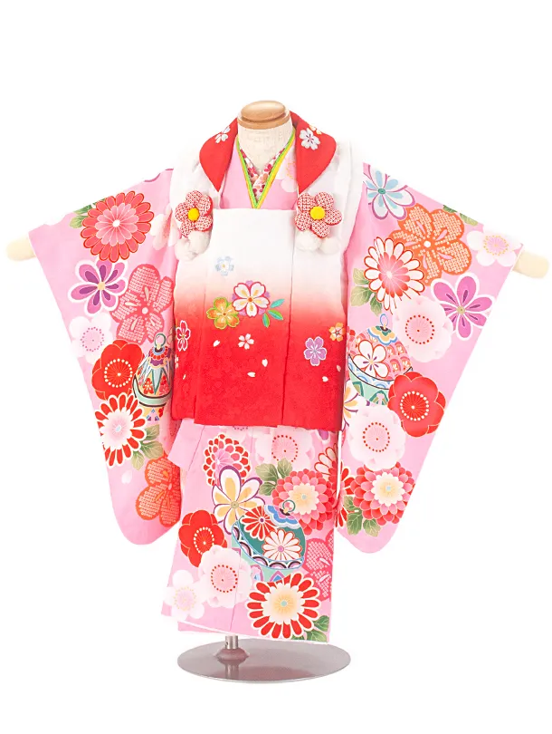 2歳3歳女児被布 D3106 赤×ピンク 桜 梅 鈴