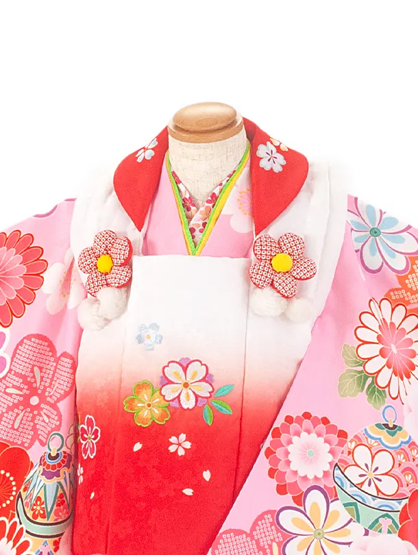 2歳3歳女児被布 D3106 赤×ピンク 桜 梅 鈴