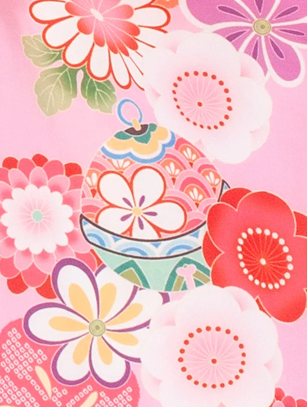 2歳3歳女児被布 D3106 赤×ピンク 桜 梅 鈴