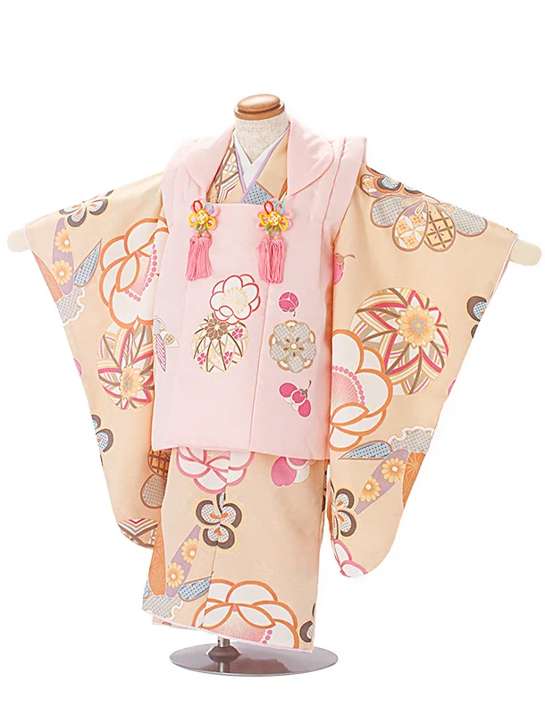 3歳女児被布 D3108 ピンク×ベージュ 梅 鞠