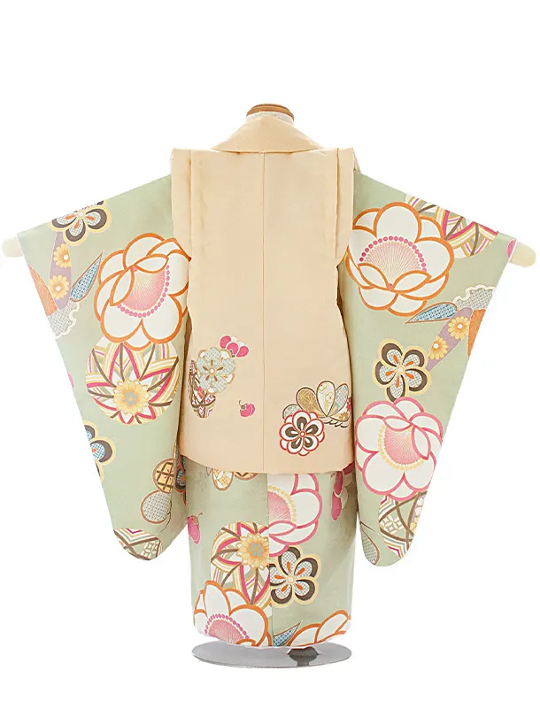3歳女児被布 D3109 ベージュ グリーン 梅 鞠