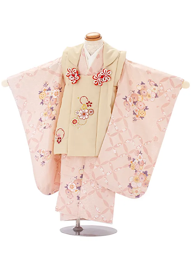 3歳女児被布 D3111 薄グリーン×ピンク 雪輪ねじり 花 ししゅう