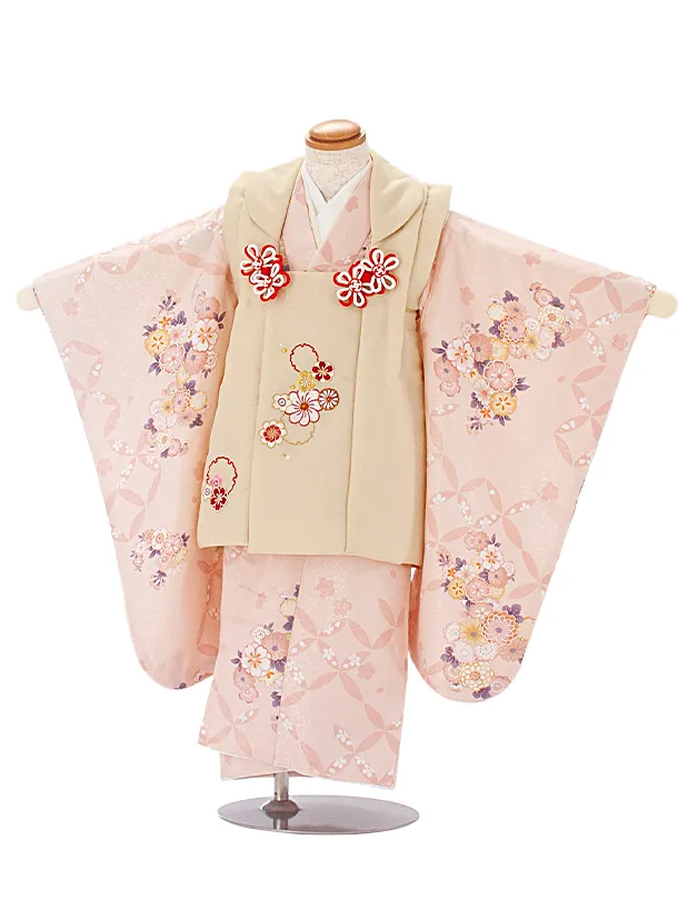 3歳女児被布 D3111 薄グリーン×ピンク 雪輪ねじり 花 ししゅう