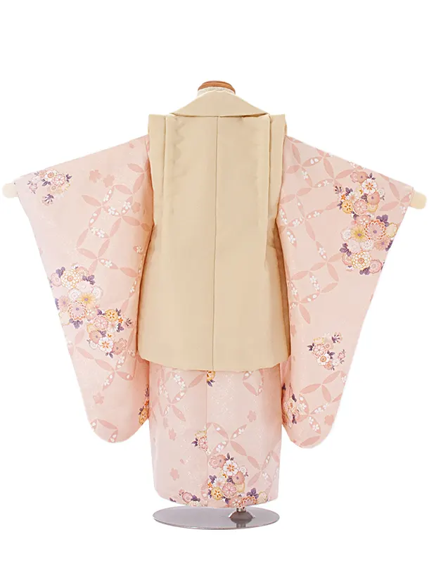 3歳女児被布 D3111 薄グリーン×ピンク 雪輪ねじり 花 ししゅう