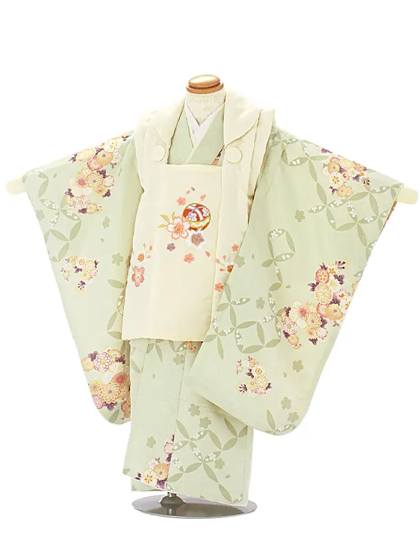 3歳女児被布 D3112 クリーム×グリーン 桜 鞠 ししゅう