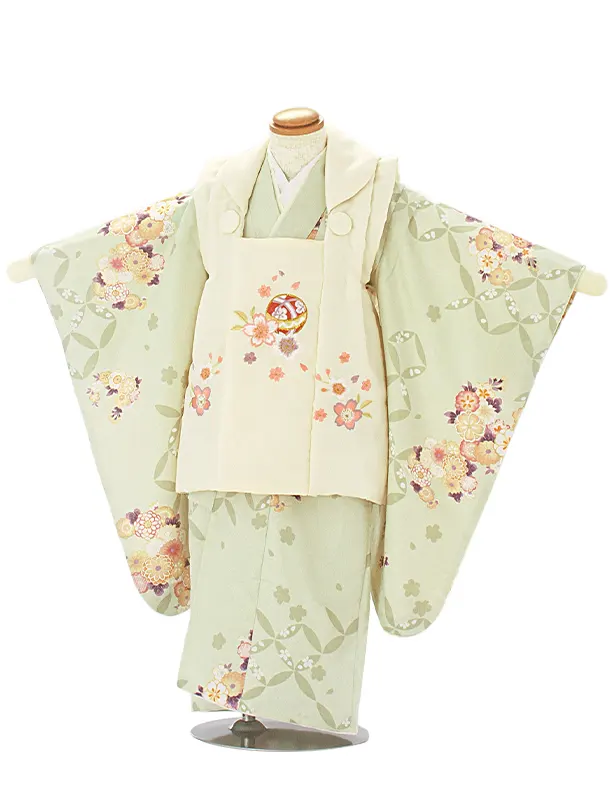 3歳女児被布 D3112 クリーム×グリーン 桜 鞠 ししゅう