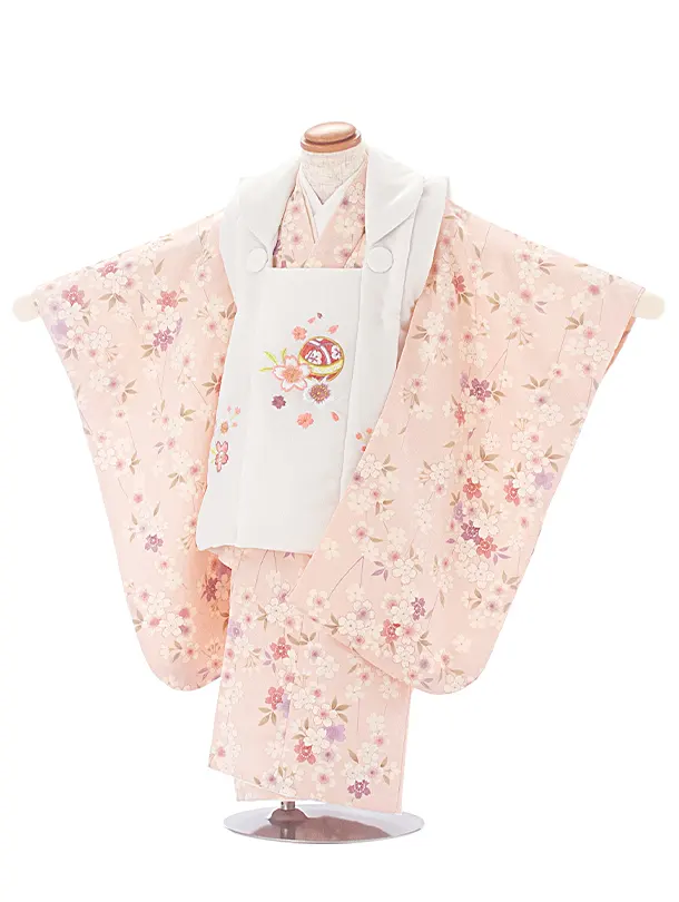 3歳女児被布 D3113 白×ピンク 桜 鞠 ししゅう