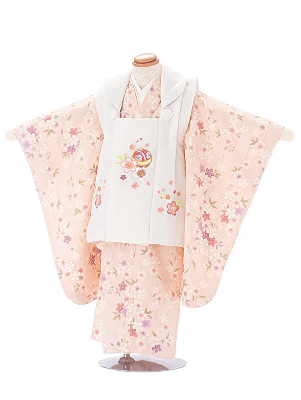 3歳女児被布 D3113 白×ピンク 桜 鞠 ししゅう