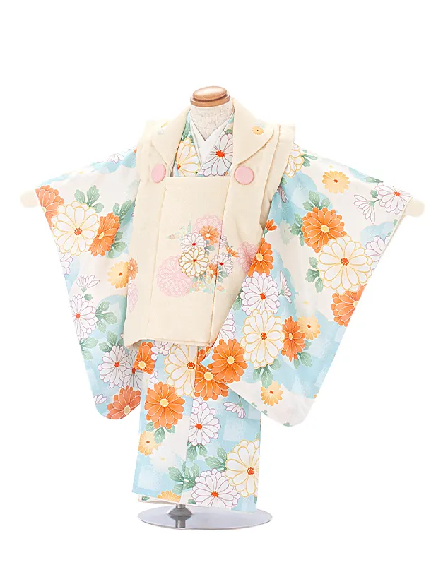 2歳3歳女児被布 D3114 クリーム 折り鶴 花×水色 オレンジ花