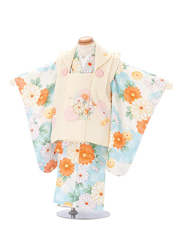 2歳3歳女児被布 D3114 クリーム 折り鶴 花×水色 オレンジ花