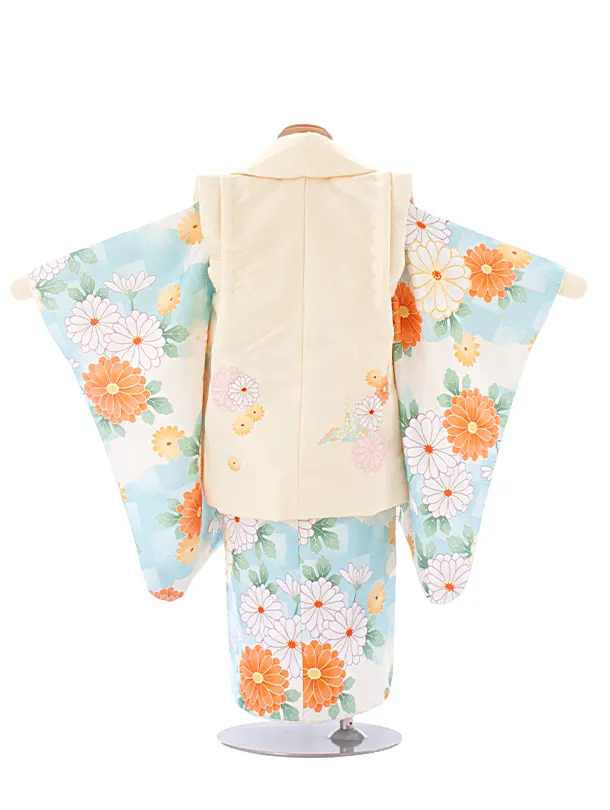 2歳3歳女児被布 D3114 クリーム 折り鶴 花×水色 オレンジ花