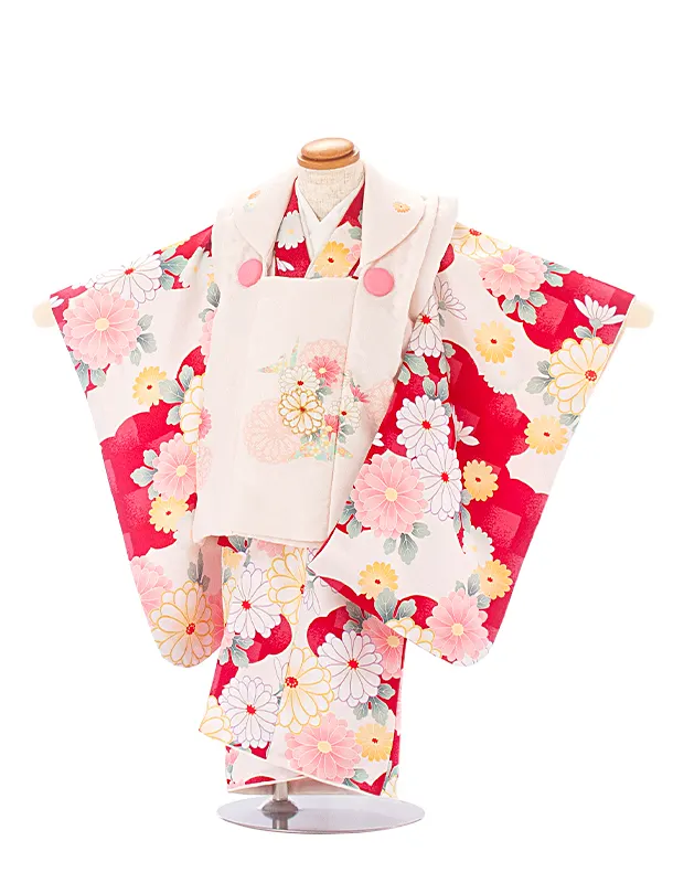 2歳3歳女児被布 D3115 薄ベージュ 折り鶴 花×白紅 ピンク花