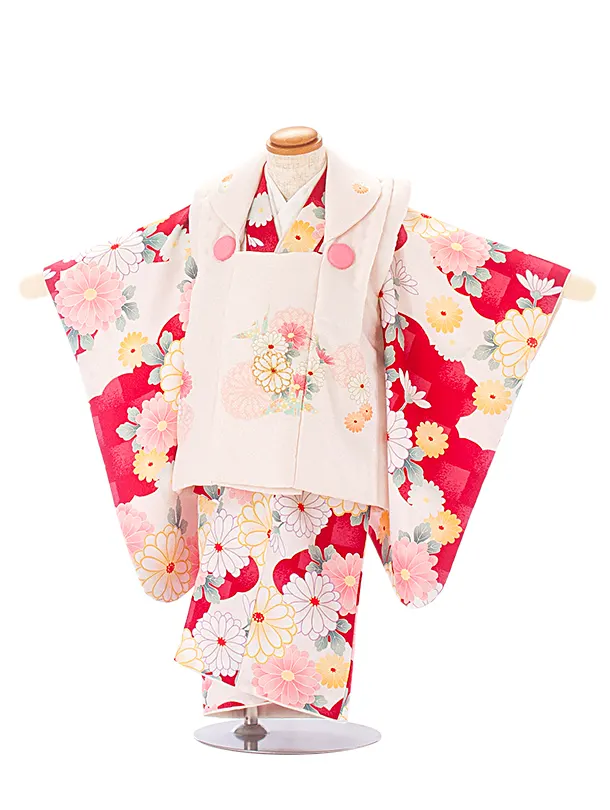 2歳3歳女児被布 D3115 薄ベージュ 折り鶴 花×白紅 ピンク花