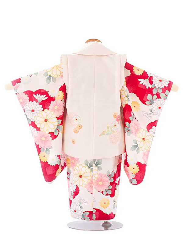 2歳3歳女児被布 D3115 薄ベージュ 折り鶴 花×白紅 ピンク花
