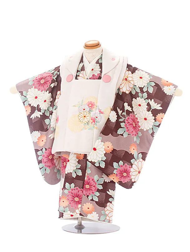 2歳3歳女児被布 D3116 薄ベージュ 折り鶴 花×茶ベージュ ピンク花