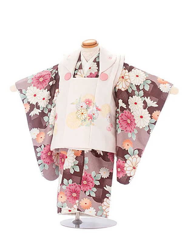 2歳3歳女児被布 D3116 薄ベージュ 折り鶴 花×茶ベージュ ピンク花