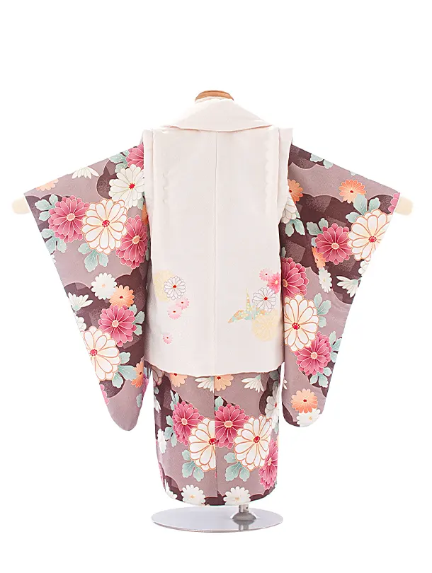 2歳3歳女児被布 D3116 薄ベージュ 折り鶴 花×茶ベージュ ピンク花