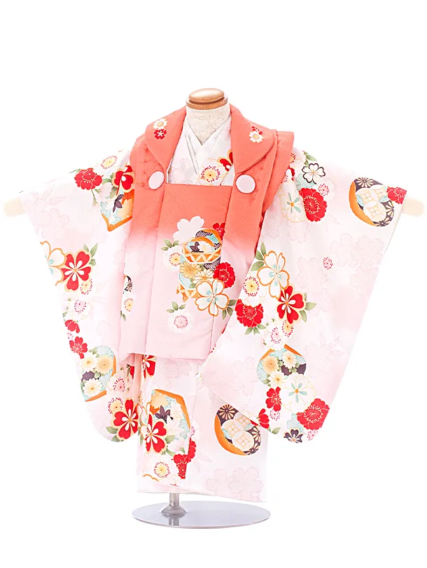 2歳女児被布 D3118 オレンジピンク×薄ピンク 古典祝華