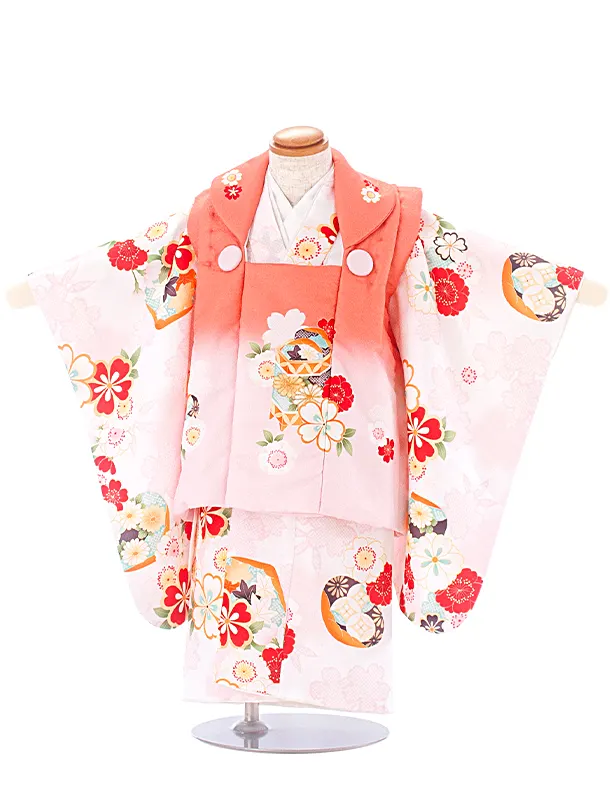 2歳女児被布 D3118 オレンジピンク×薄ピンク 古典祝華
