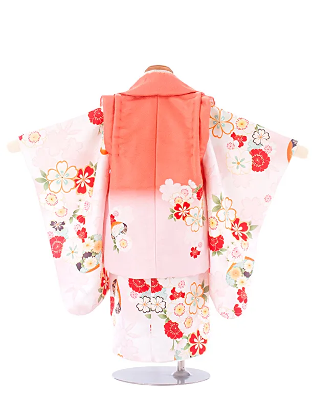 2歳女児被布 D3118 オレンジピンク×薄ピンク 古典祝華