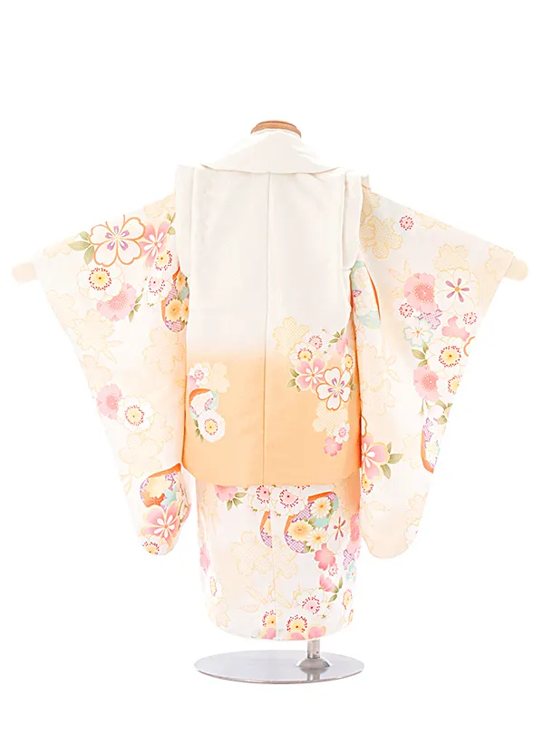 2歳女児被布 D3119 白オレンジ×薄クリーム 古典祝華