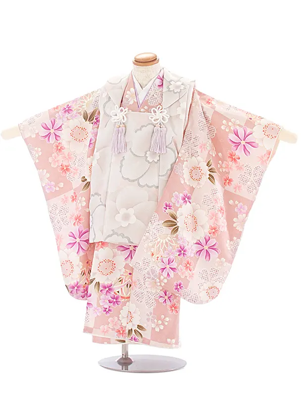 3歳女児被布 D3120 グレージュ 大花×ピンクベージュ 桜まり 市松模様