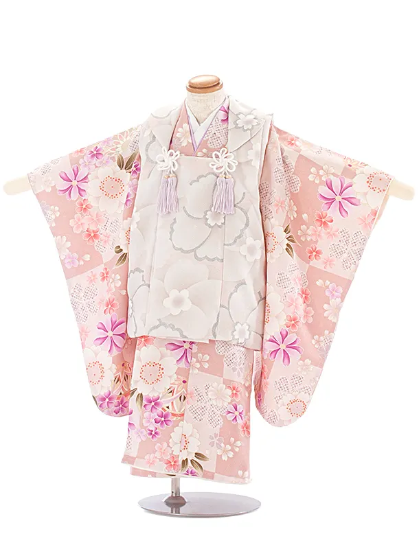 3歳女児被布 D3120 グレージュ 大花×ピンクベージュ 桜まり 市松模様