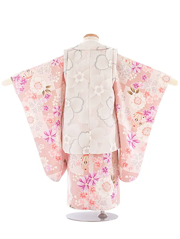 3歳女児被布 D3120 グレージュ 大花×ピンクベージュ 桜まり 市松模様