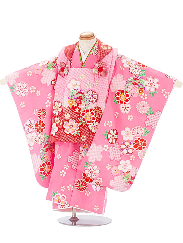 3歳女児被布 D3122 ピンク赤×ピンク 花まり