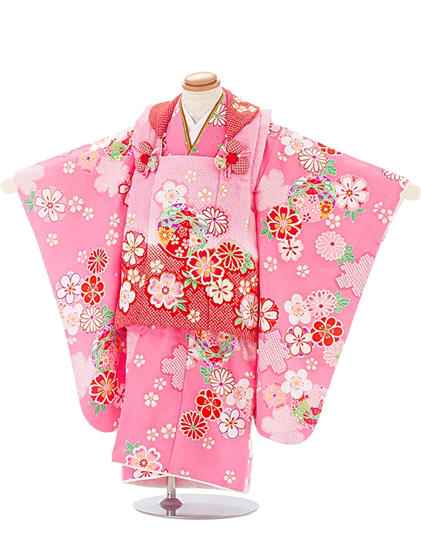 3歳女児被布 D3122 ピンク赤×ピンク 花まり