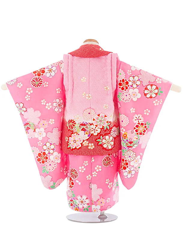 3歳女児被布 D3122 ピンク赤×ピンク 花まり