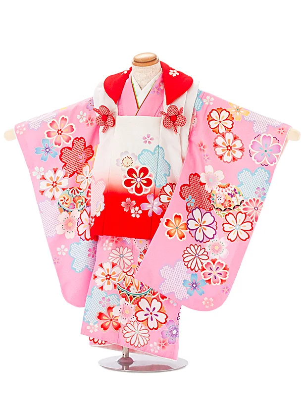 3歳女児被布 D3123 白赤 花×ピンク 桜まり