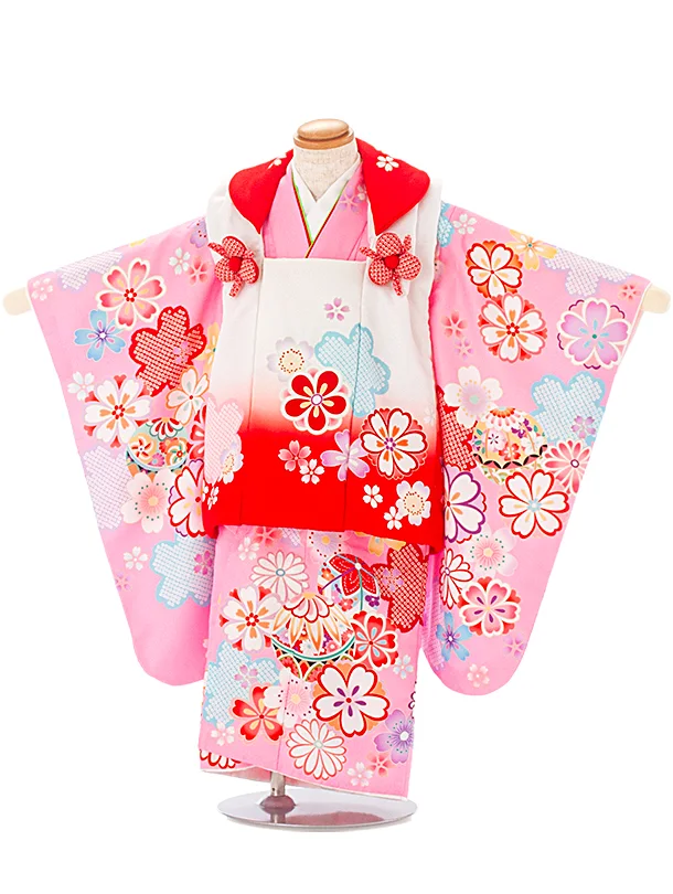 3歳女児被布 D3123 白赤 花×ピンク 桜まり