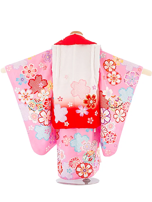3歳女児被布 D3123 白赤 花×ピンク 桜まり