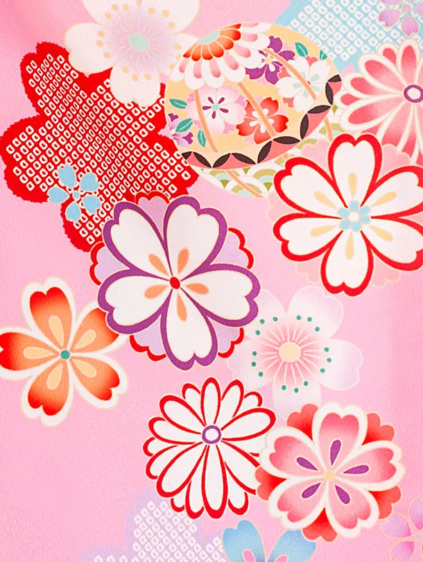 3歳女児被布 D3123 白赤 花×ピンク 桜まり