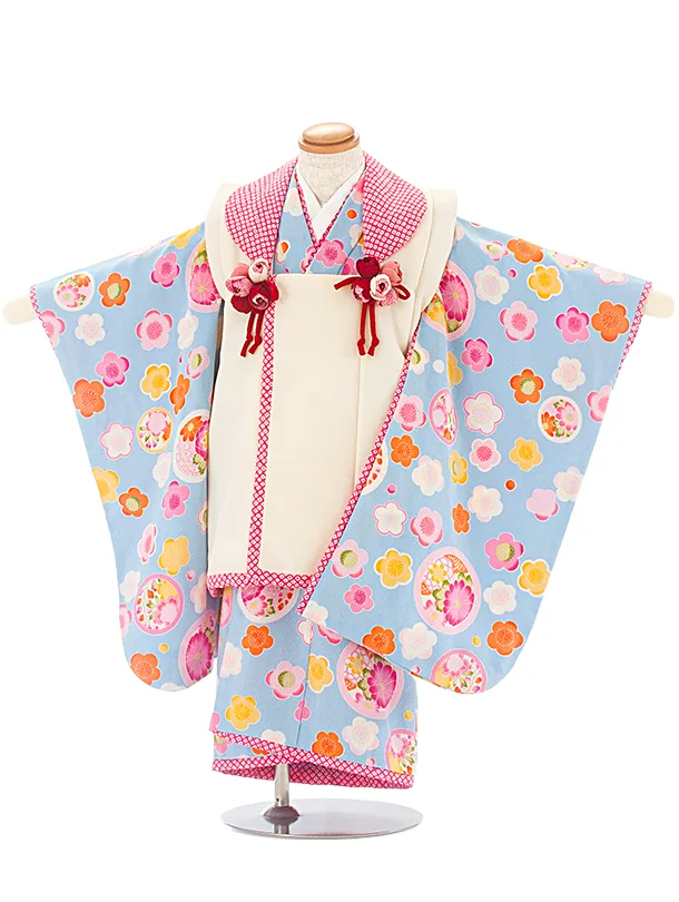 3歳女児被布 D3124 JAPAN STYLE 白ピンク×水色 花丸