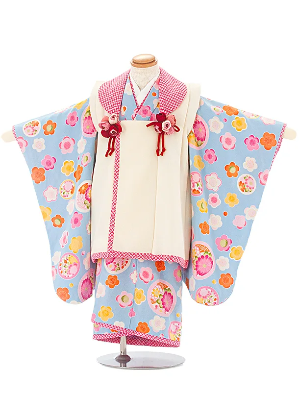 3歳女児被布 D3124 JAPAN STYLE 白ピンク×水色 花丸