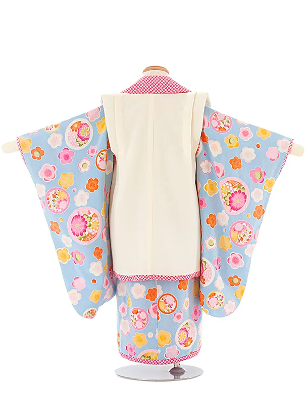 3歳女児被布 D3124 JAPAN STYLE 白ピンク×水色 花丸
