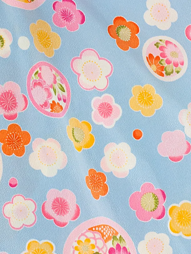 3歳女児被布 D3124 JAPAN STYLE 白ピンク×水色 花丸