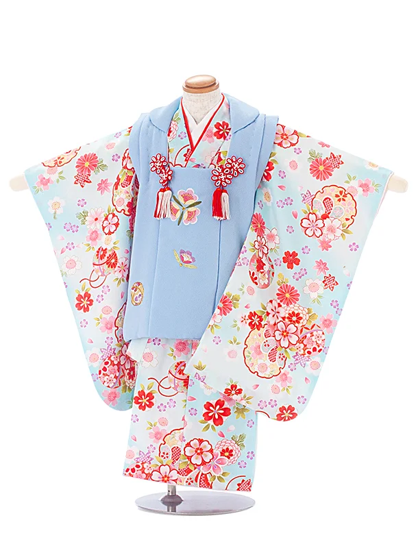 3歳女児被布 D3126 アイスブルー×水色 雪輪 花