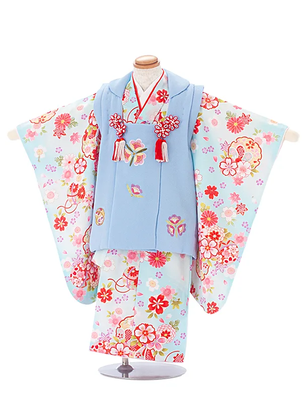 3歳女児被布 D3126 アイスブルー×水色 雪輪 花
