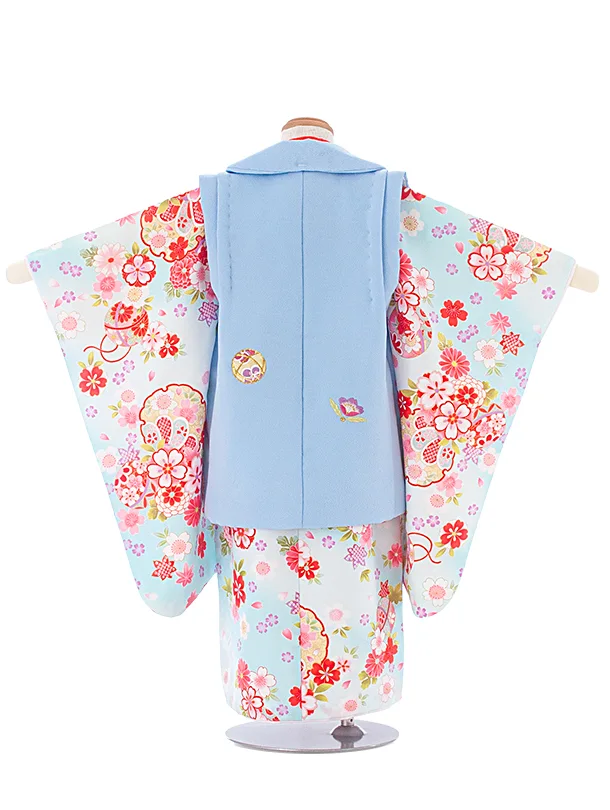 3歳女児被布 D3126 アイスブルー×水色 雪輪 花