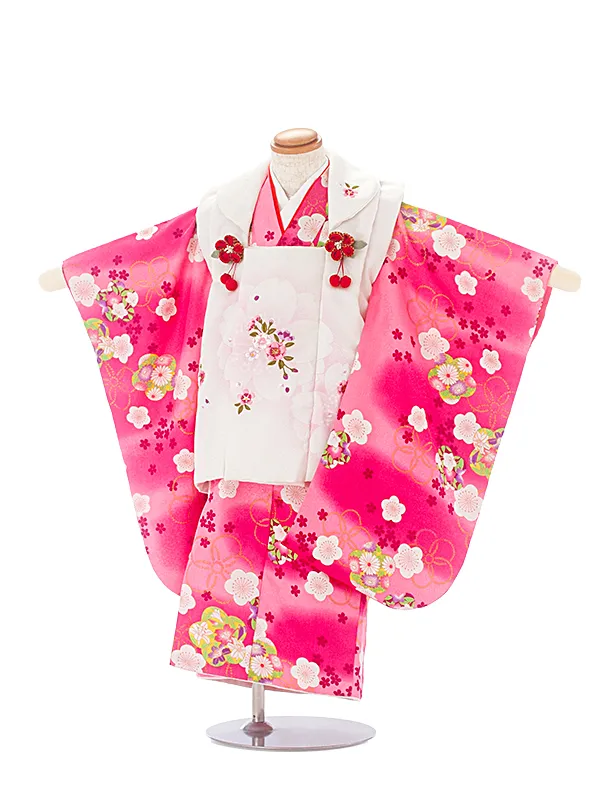 3歳女児被布 D3127 R・KIKUCHI 白 桜×濃ピンク 梅