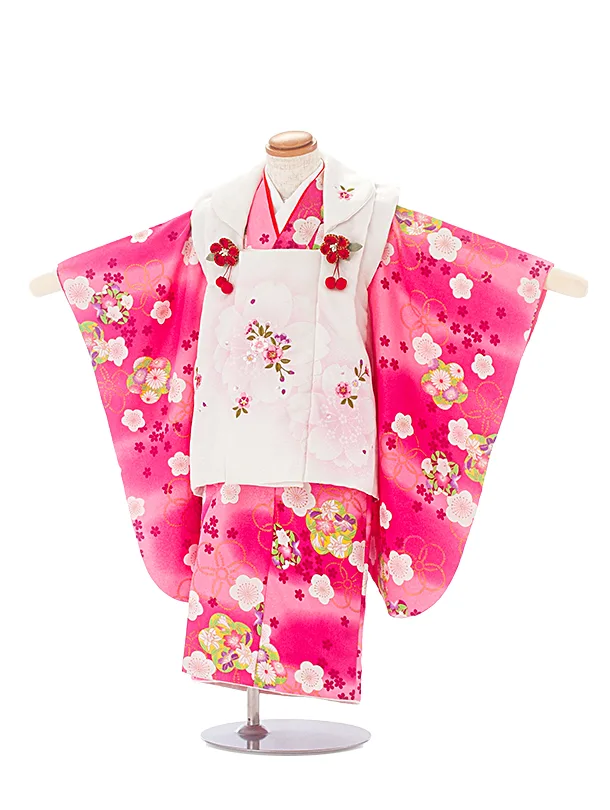 3歳女児被布 D3127 R・KIKUCHI 白 桜×濃ピンク 梅