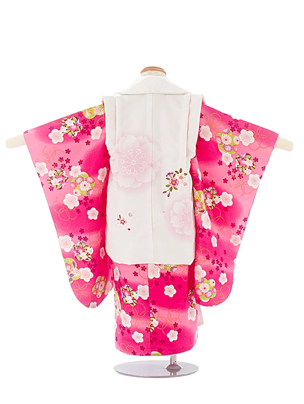 3歳女児被布 D3127 R・KIKUCHI 白 桜×濃ピンク 梅