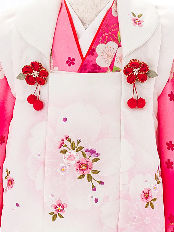 3歳女児被布 D3127 R・KIKUCHI 白 桜×濃ピンク 梅